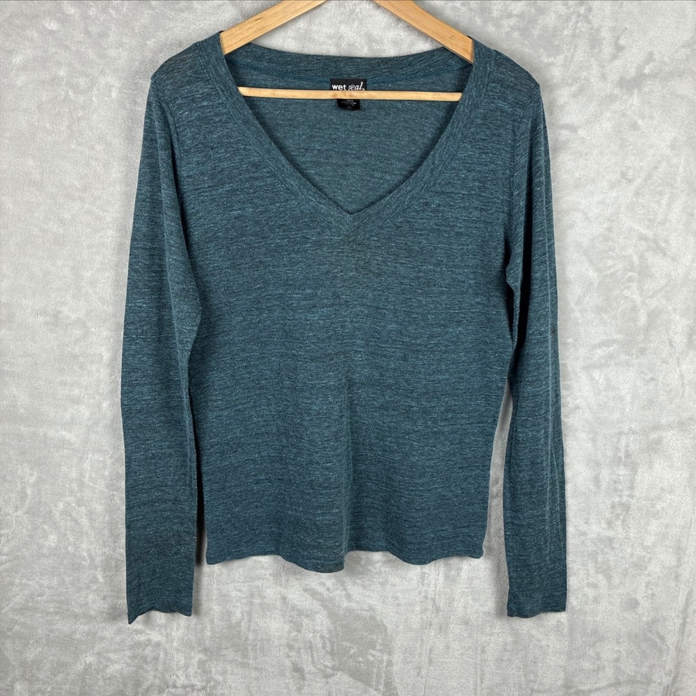 Wet Seal Womens XL Teal Blue Heathered V-Neck Long Sleeve T-Shirt Cotton Blend